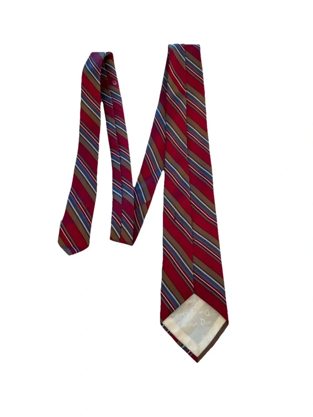 VTG Christian Dior Men’s Necktie Red White Blue Gray Stripe Logo Wording